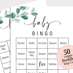50 vorausgefüllte Baby Shower Bingo Karten Baby Shower Bingo Spielkarten Eukalyptus Baby Bingo druckbare Baby Shower Spiele Geschlecht Neutral EU16