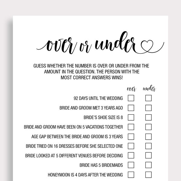 Over or Under Bridal Shower Game, Printable Couples Shower Game, Guessing Game, Simple Wedding Shower, Minimalist Modern Shower Games, W18