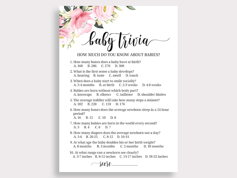 May include: A pink and green floral baby shower trivia game with questions about babies. The questions are printed in black text on a white background. The title of the game is "baby trivia".
