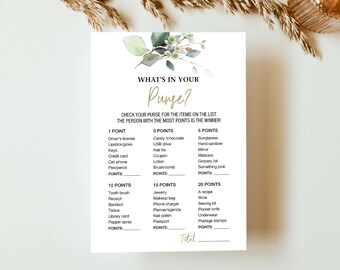 Bridal Shower Qué hay en tu bolso Juego Greenery y Gold Bridal Shower Purse Game Wedding Printable Instant Download Digital Games A18