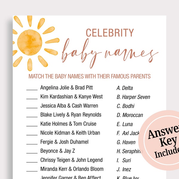 Celebrity Baby Name Game Sunshine Baby Shower Celebrity Baby Shower Game Rainbow Baby Shower Sun Baby Shower Instant Download SN6