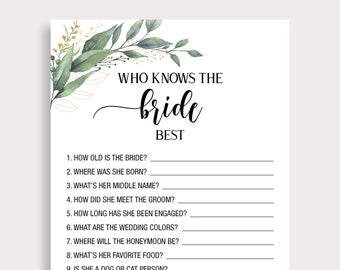 Who Knows The Bride Best Game, How Well Do You Know the Bride, Greenery Bridal Shower Games, Green Leaves, Instant Download Games, C18