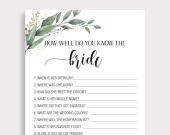 ¿Qué tan bien conoces a la novia, quién conoce mejor a la novia, Greenery Bridal shower Games, Green Leaves, Juegos imprimibles, Descarga instantánea, C18