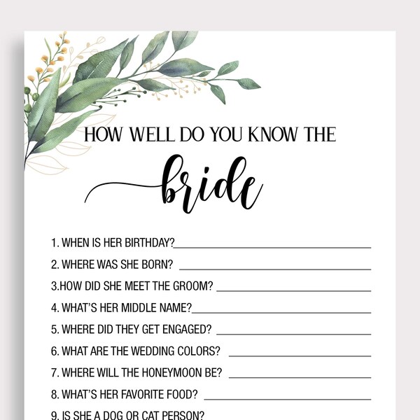 How Well Do You Know the Bride, Who Knows The Bride Best, Greenery Bridal Shower Games, Green Leaves, Printable Games, Instant Download, C18