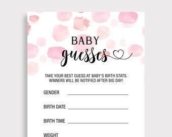 Baby shower gissingen kaart Baby voorspellingen Guess jongen of meisje Guess baby's geboortedatum roze meisje baby shower games afdrukbare digitale F16