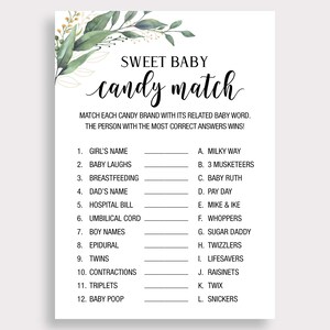 Sweet Baby Candy Match Game, Greenery Baby Shower Candy Game, Printable ...