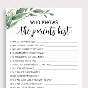 Who Knows The Parents Best Game Greenery Baby Shower Games How Well Do You Know the Parents Gender Neutral Games Instant Download C16