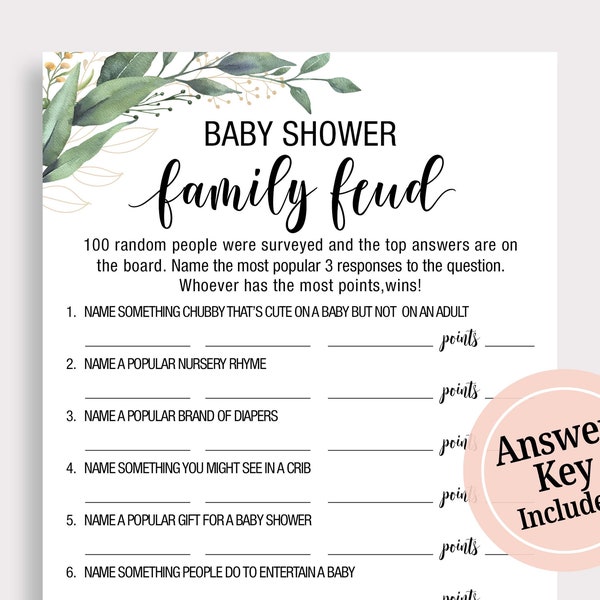Fun Baby Shower Feud  Game Baby Family Feud Game Baby Shower Game Greenery Baby Shower Game Printable Instant Download Gender Neutral C16