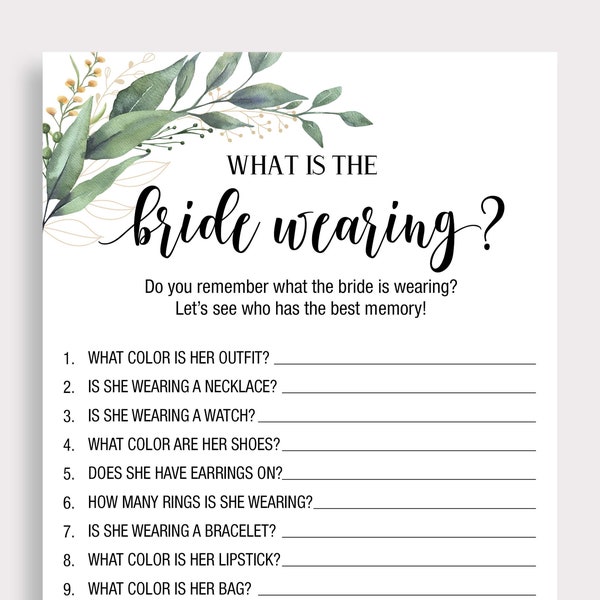What is the Bride Wearing Game, Printable Memory Game, Boho Bridal Shower Games, Greenery Bachelorette Hens Party Wedding Shower Ideas, C18