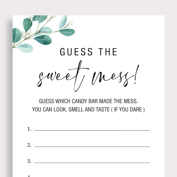 Guess the Sweet Mess Game Dirty Diaper Game Candy Bar Game Eucalyptus Baby Shower Game Printable Gender Neutral Shower Greenery Themed EU16