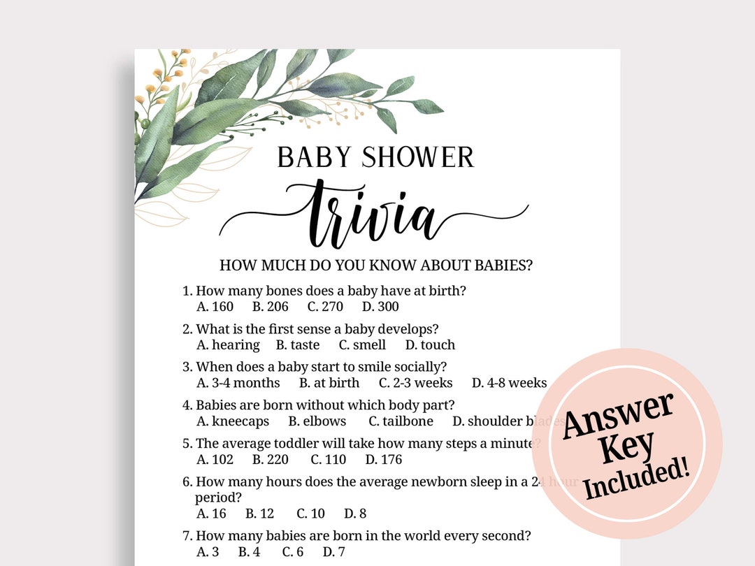 Baby Shower Trivia Game Printable Baby Trivia Game Greenery Baby Shower ...