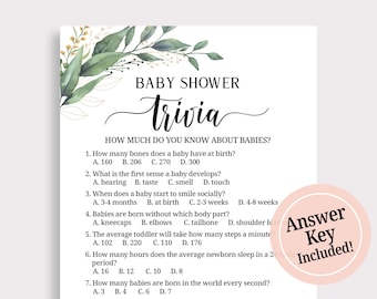 Baby Shower Trivia Game Printable Baby Trivia Game Greenery Baby Shower Games Gender Neutral Instant Download Digital Download T16