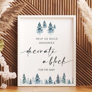 Dekorieren Sie einen Block Schild Helfen Sie uns, Erinnerungen aufzubauen Winter-Baby-Dusche-Zeichen Pine Tree-Baby-Dusche-Zeichen Sofortdownload MD8