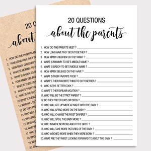 Puede incluir: Un juego de baby shower imprimible con 20 preguntas sobre los padres. Las preguntas est&aacute;n escritas en negro sobre fondo blanco. El t&iacute;tulo "20 Preguntas sobre los padres" est&aacute; escrito en cursiva negra.