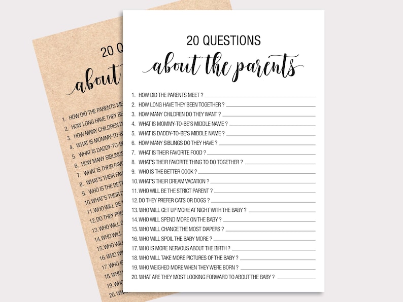 Puede incluir: Un juego de baby shower imprimible con 20 preguntas sobre los padres. Las preguntas est&aacute;n escritas en negro sobre fondo blanco. El t&iacute;tulo "20 Preguntas sobre los padres" est&aacute; escrito en cursiva negra.