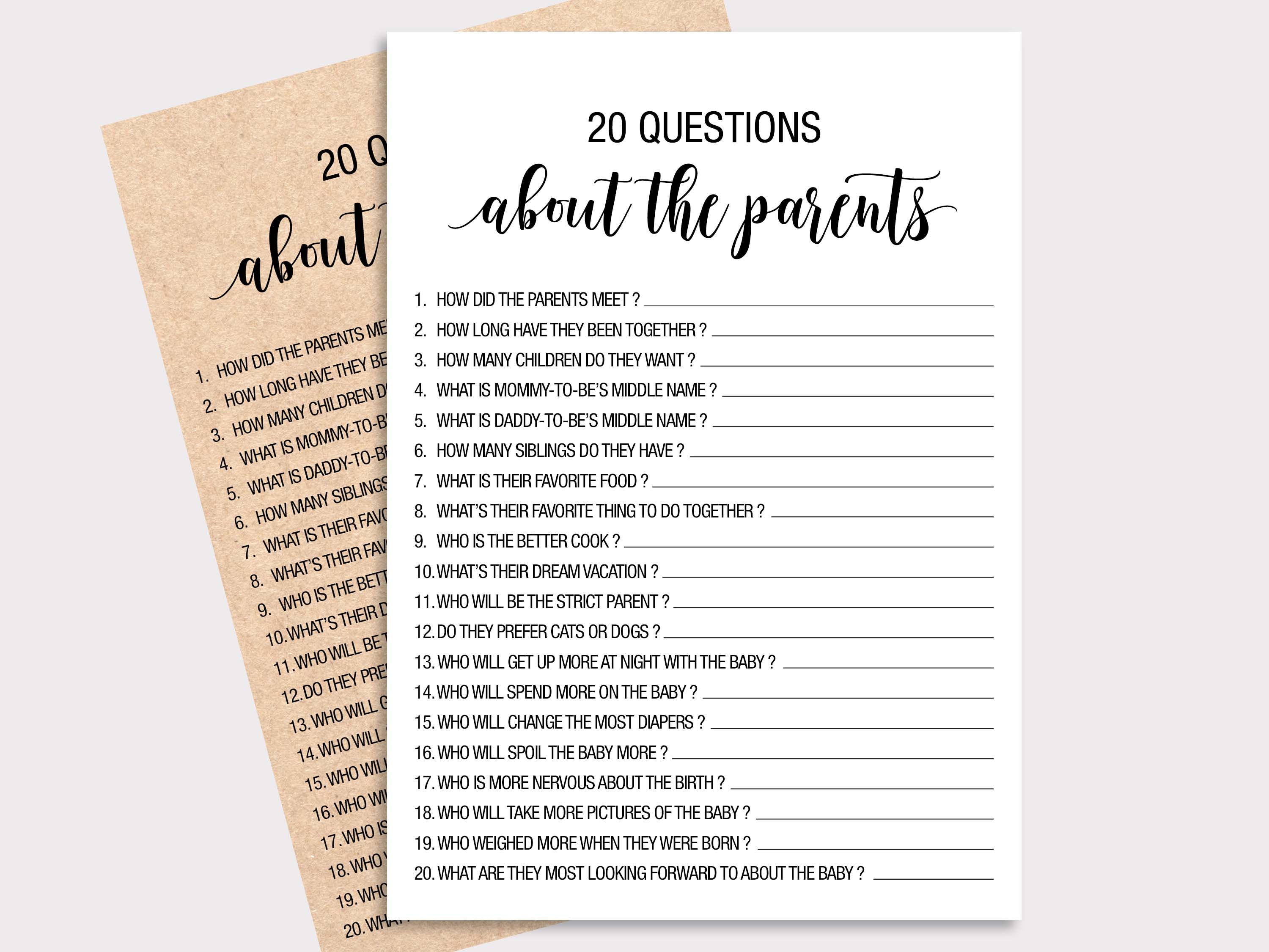 20 Questions about the Parents Baby Shower game | Zazzle