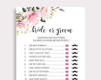 Floral Bride or Groom Bridal Shower Game, He Said She Said Game, Guess Who Said It Game, How Well Do You Know, Blush Pink Floral, P18