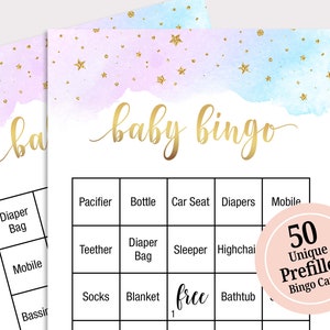 50 tarjetas de bingo precargadas para Baby Shower, juegos de revelación de género para Baby Shower, tarjetas de juego de Bingo para bebé, juegos imprimibles para Baby Shower GR6