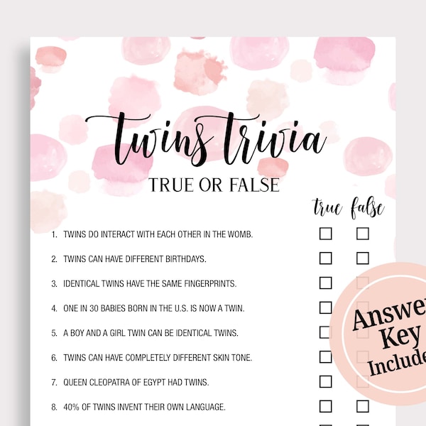 Twins Trivia True or False Game Pink Twins Trivia Game Twin Baby Shower Games Printable Funny Baby Sprinkle Games Instant Download DIY F16