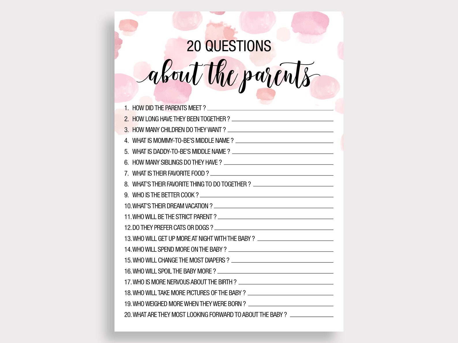 Twenty Questions About the Parents Baby Shower Game Pink Girl Etsy