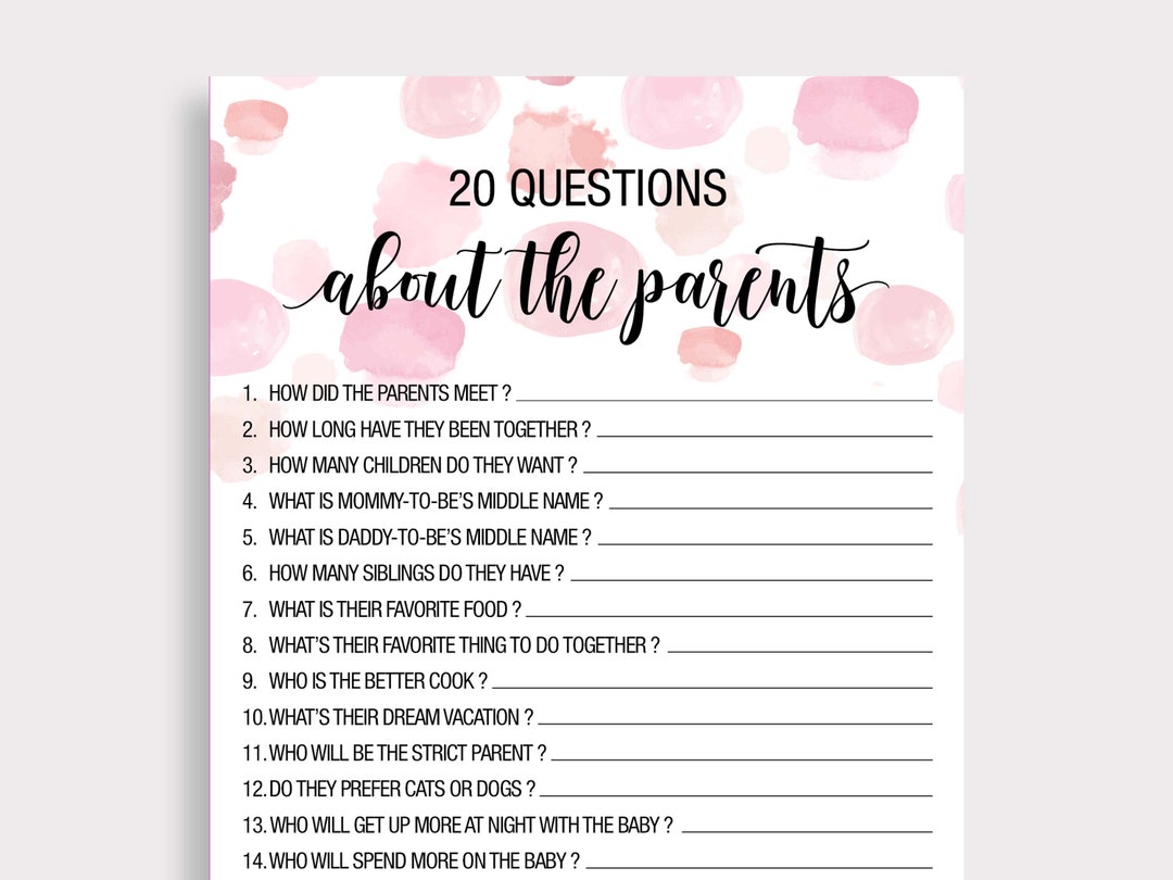 Twenty Questions About the Parents Baby Shower Game, Pink Girl Baby