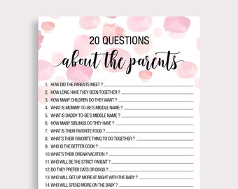 Twenty Questions About the Parents Baby Shower Game, Pink Girl Baby Shower Games Printable, Baby Girl Shower Party Ideas, 20 Questions, F16