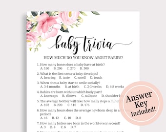 Baby Trivia Game, Baby Shower Trivia, Floral Baby Shower Games Printable, Baby Shower Party Game Cards, Printable, Instant Download, P16