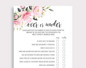 Over or Under Bridal Shower Game, Printable Pink  Rose Couples Shower Game, Floral Guessing Game, Wedding Shower, Bachelorette Games, P18