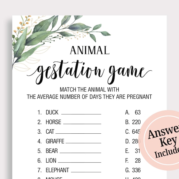 Animal Gestation Games, Animal Pregnancy Game, Pregnancy Guessing Game Printable, Greenery Fun Baby Shower Game, Instant Download, C16