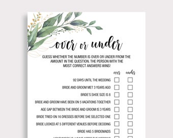 Over or Under Bridal Shower Game, Printable Minimalist Couples Shower Game, guess Game, Unique Wedding Shower, Bachelorette Party Games, C18