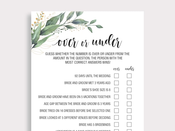 Printable Bridal Shower Game Over Under