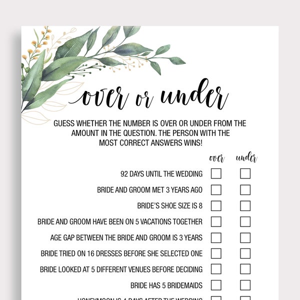 Over or Under Bridal Shower Game, Printable Minimalist Couples Shower Game, guess Game, Unique Wedding Shower, Bachelorette Party Games, C18