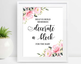 Decorare un segno di blocco, aiutaci a costruire ricordi segno stampabile rose rosa baby shower attività baby shower idee download istantaneo p28