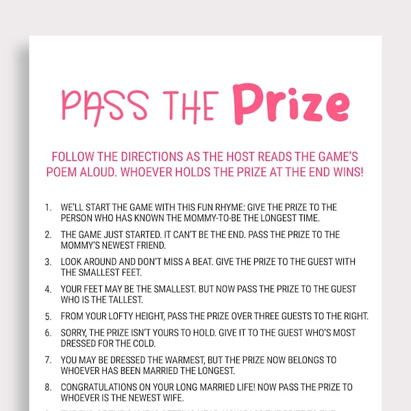 Baby Shower Pass the Prize Game Rhyme Game Pink Baby Shower Game Pass the Gift Poem Gift Passing Poem Instant Download Printable L16