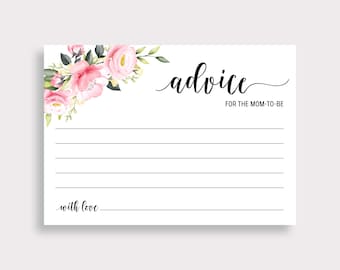 Printable Advice Cards, Advice For The Mom To Be, Girls Baby Shower Advice Card , Pink Floral Roses Watercolor, Instant download, P16, P28