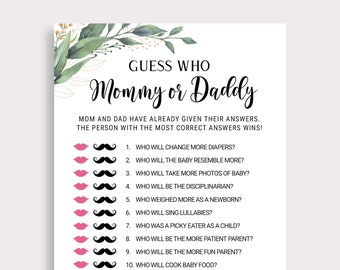 Guess Who Mommy or Daddy Game Baby Shower Games Guess Game Greenery Baby Shower Games Funny Baby Shower Game Printable Instant Download C16