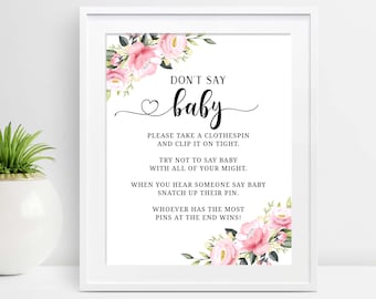 Don't Say Baby Baby Shower Game Sign, Dont Say Baby Sign, Baby Clothespin Shower Game, Pink Blush Floral Baby Shower, Digital, PDF, P16, P28