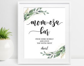 Momosa Bar Sign Printable , Greenery Baby Shower Mom-osa Bar Sign, Greenery Baby Shower Sign, Leaves Bubbly Bar Sign, Instant Download, D28