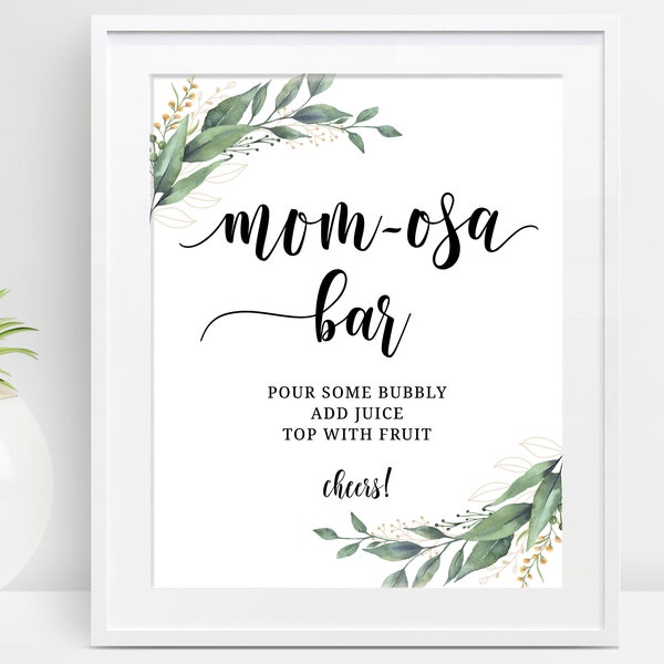 Momosa Bar Sign Printable , Greenery Baby Shower Mom-osa Bar Sign, Greenery Baby Shower Sign, Leaves Bubbly Bar Sign, Instant Download, D28