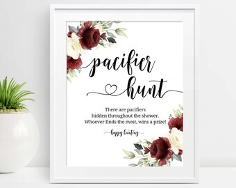 Schnuller jagd Baby Shower Spiel Schild Find the Schnuller Spiel Tischschild Junge Mädchen Neutral Weinrot Sofort Download G16 G28