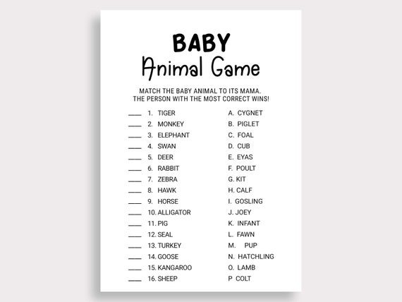 Baby Animal Game Guess the Baby Animal Simple Baby Shower Game