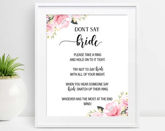 Dont Say Bride,Game, Printable Ring Game Sign, Floral Watercolor Bridal Shower Game, Pink Don't Say Bride Shower Game Activity, P18,, P32