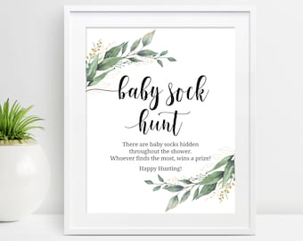 Baby Socks Hunt Sign, Sock Hunting Game, Find The Socks Game, Greenery Socks Game, Baby Shower Games Printable, Instant Download, C16, D28