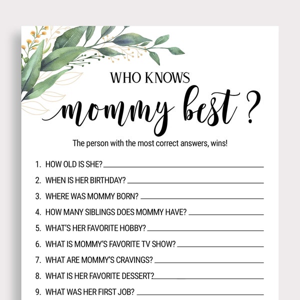 Who Knows Mommy Best Game, How Well Do You Know Mommy, Mommy To Be Quiz, Greenery Baby Shower Games, Baby Shower Activity Ideas, PDF, C16