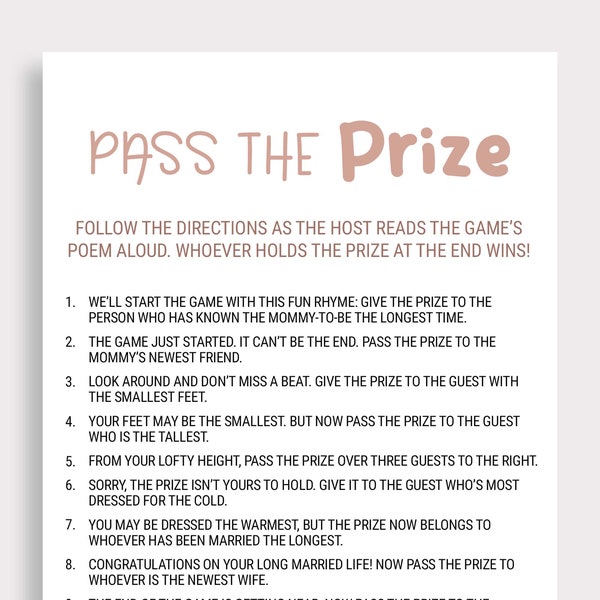 Baby Shower Pass the Prize Game Rhyme Game Blush Baby Shower Game Pass the Gift Poem Gift Passing Poem Instant Download Printable S16