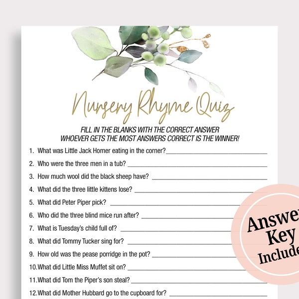 Baby Shower Nursery Game Nursery Rhyme Quiz Nursery Rhymes Baby Shower Games Printable Baby Shower Activity Games Instant Download DIY A16