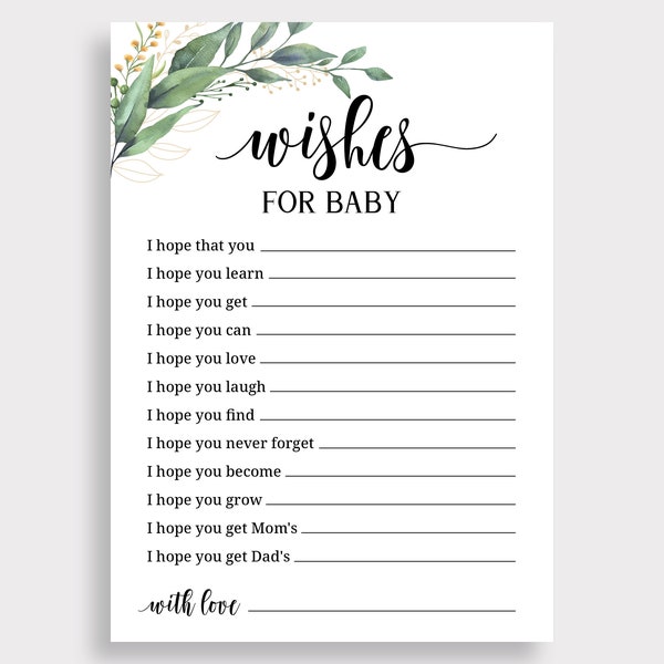 Baby Wish Cards, Wishes for Baby Printable, Greenery Baby Shower, Prayer Card, Green Leaves Baby Shower Party, Boy Girl Baby Shower, C16