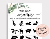 Who is My Mama Baby Game, Printable Baby Shower Games, Baby Animals Game, Guess Baby Animals, Name The Baby Animal Game, Greenery Boho, C16