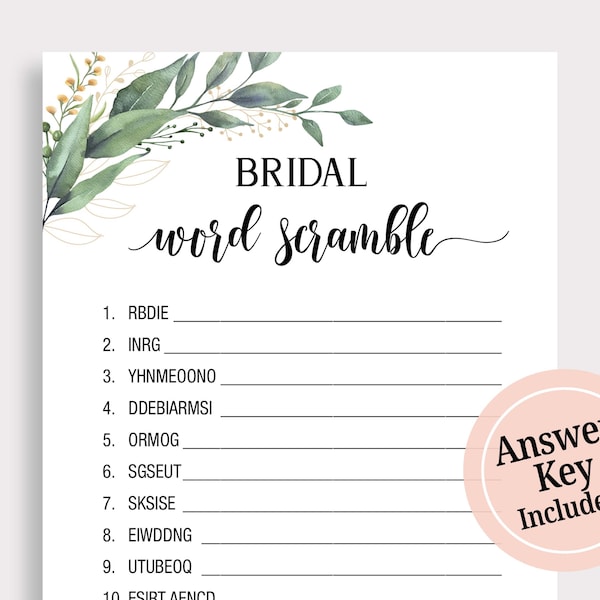 Word Scramble Bridal Shower Game, Wedding Shower Scramble Game, Puzzle Printable, Word Search Puzzle, Greenery Hens, Bachelorette Party, C18