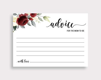 Printable Advice Cards, Advice For The Mom To Be, Burgundy Baby Shower Advice Card , Floral Roses Watercolor, Instant download, G16, G28